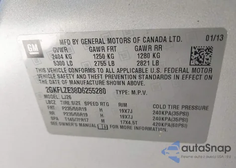 2013 GMC Terrain Denali z USA, uszkodzony, nr VIN 2GKFLZE38D6255280